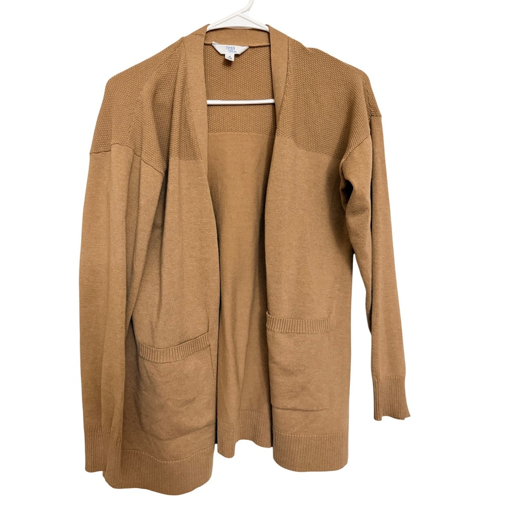 Time and Tru Women Cardigan Brown Textured Open Front S 4-6